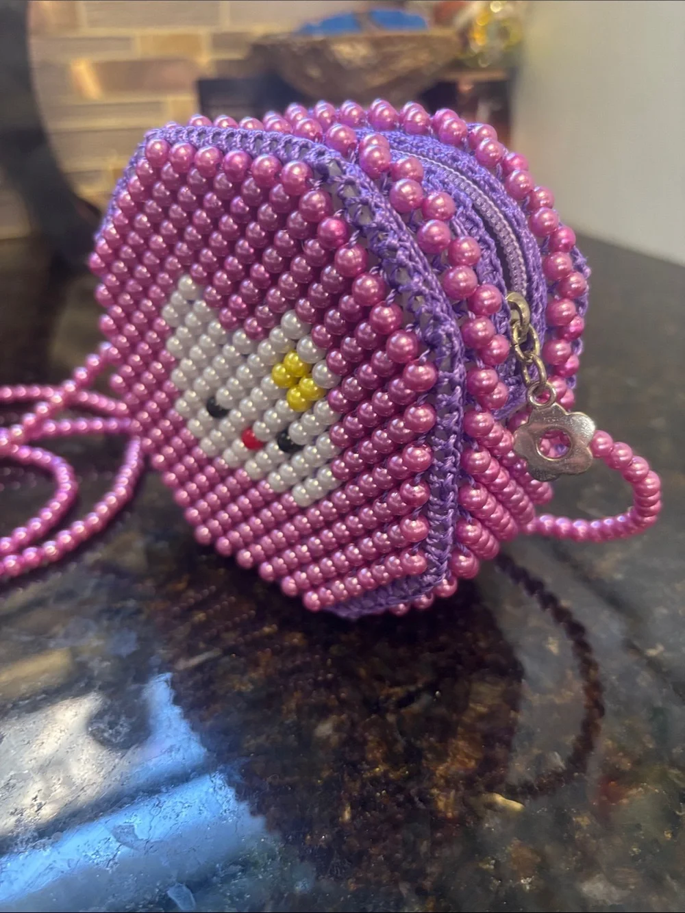 Hand Crafted Purple Beaded Kids Crossbody Bag with White Cat and Yellow Flower